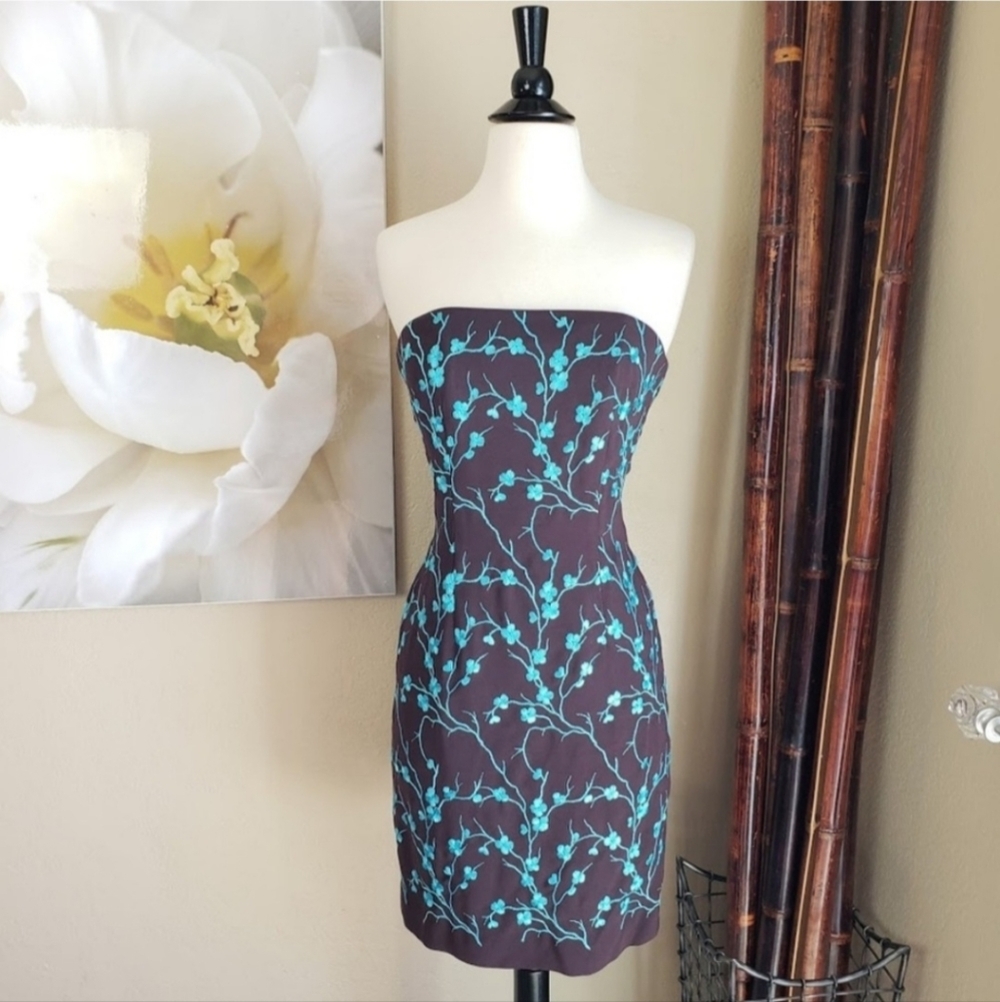NICOLE MILLER ~ Gorgeous Strapless Brown Dress with Teal Floral Print ~ Size 4